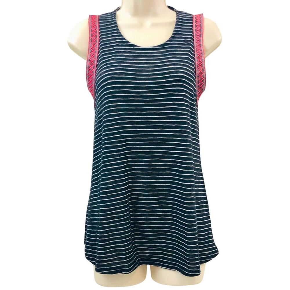 W5 Black and White Stripe Sleeveless Top with Red Tribal Edging Scoop Neckline